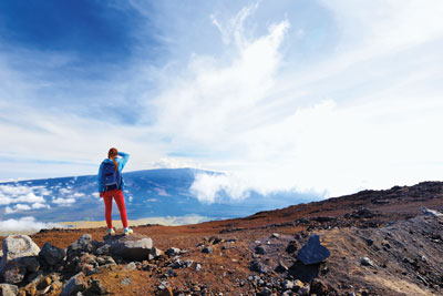 A tourist admires the sight of Mauna Loa volcano on the Big Island. Photo by Tina Fear.