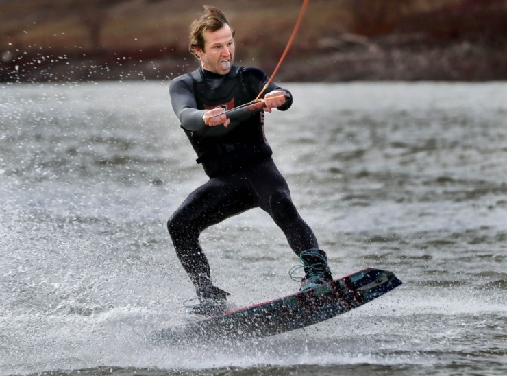 <strong>Cameron King reacts after narrowly recovering from a jump during the 43rd annual Ski Freeze at the Mud Island River Park on Jan. 1, 2020. Hosted by the Collierville Ski Club, water skiers, barefooters and wakeboarders braved the frigid water of the Wolf River to raise money for The Dream Factory of Memphis which grants wishes for critically and chronically ill children ages 3 through 18.</strong> (Jim Weber/Daily Memphian)