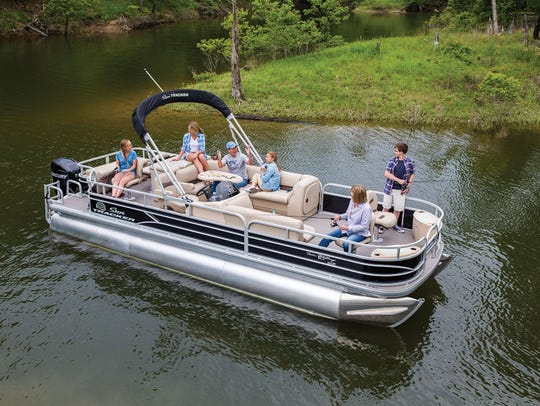 SunTracker pontoon boats like this one are made at the Bolivar plant in Missouri.