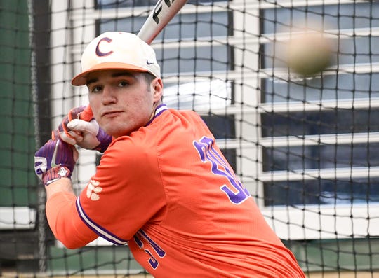 Clemson sophomore pitcher Davis Sharpe (30) during batting practice at the first official team Spring practice at Doug Kingsmore Stadium in Clemson Friday, January 24, 2020.