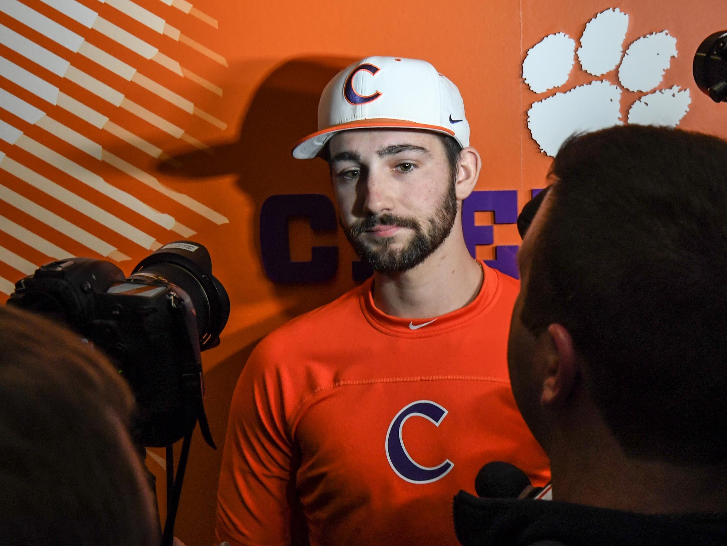 Clemson sophomore Spencer Strider(29) talks with media before their first official team Spring practice at Doug Kingsmore Stadium in Clemson Friday, January 24, 2020.