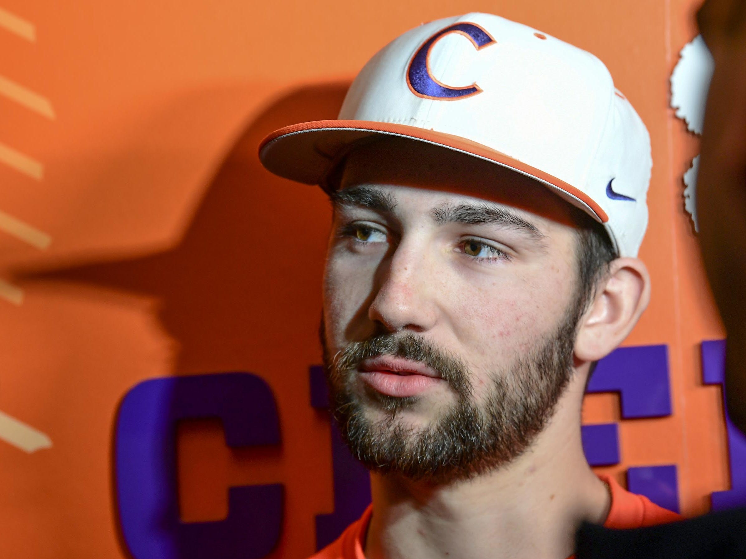 Clemson sophomore Spencer Strider(29) talks with media before their first official team Spring practice at Doug Kingsmore Stadium in Clemson Friday, January 24, 2020.