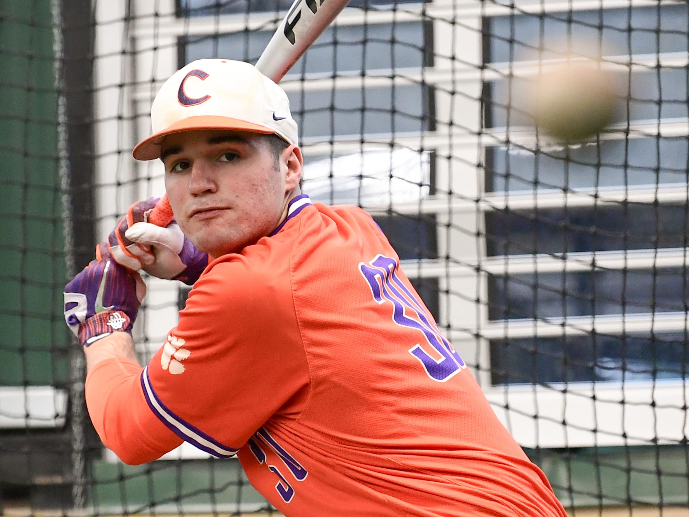 Clemson sophomore pitcher Davis Sharpe (30) during batting practice at the first official team Spring practice at Doug Kingsmore Stadium in Clemson Friday, January 24, 2020.