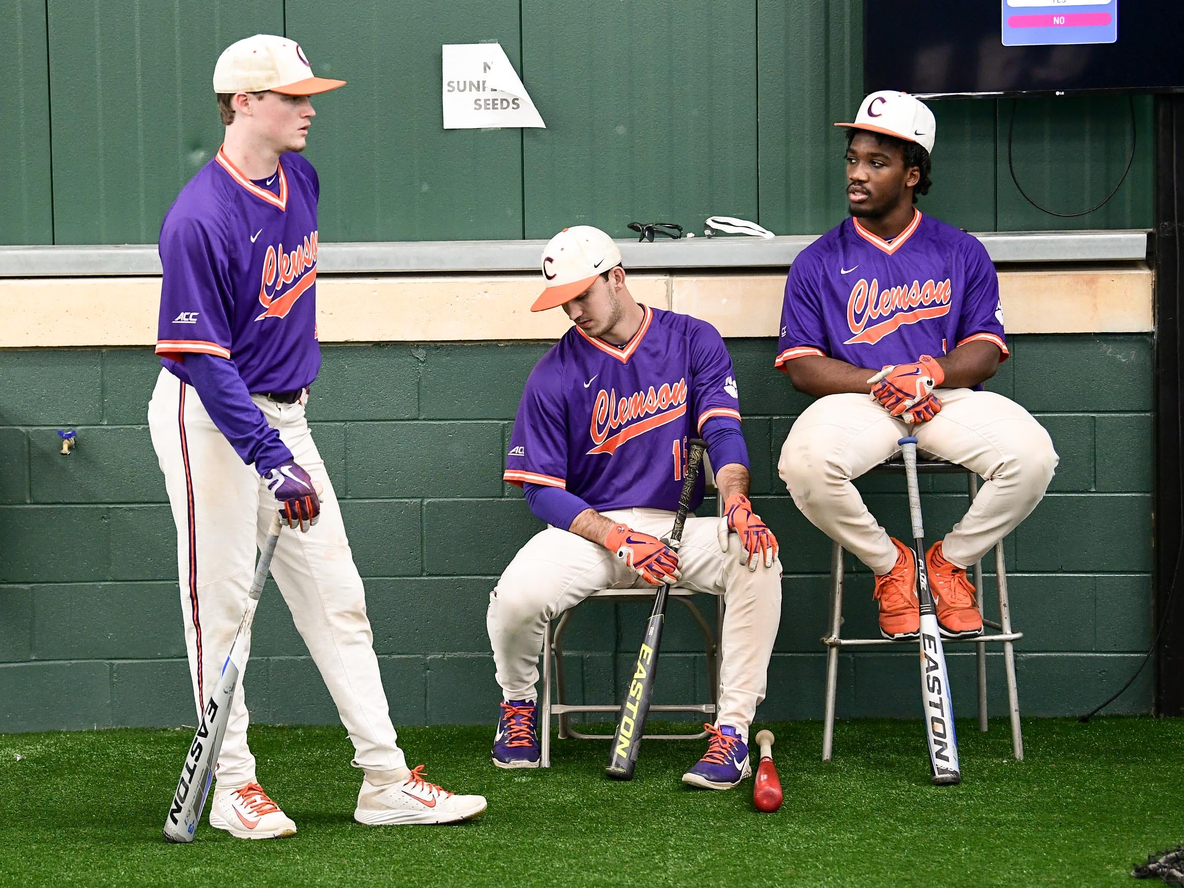 Clemson sophomore Elijah Henderson(6), left, sophomore James Parker (15) and sophomore Kier Meredith(1) during batting practice at the first official team Spring practice at Doug Kingsmore Stadium in Clemson Friday, January 24, 2020.