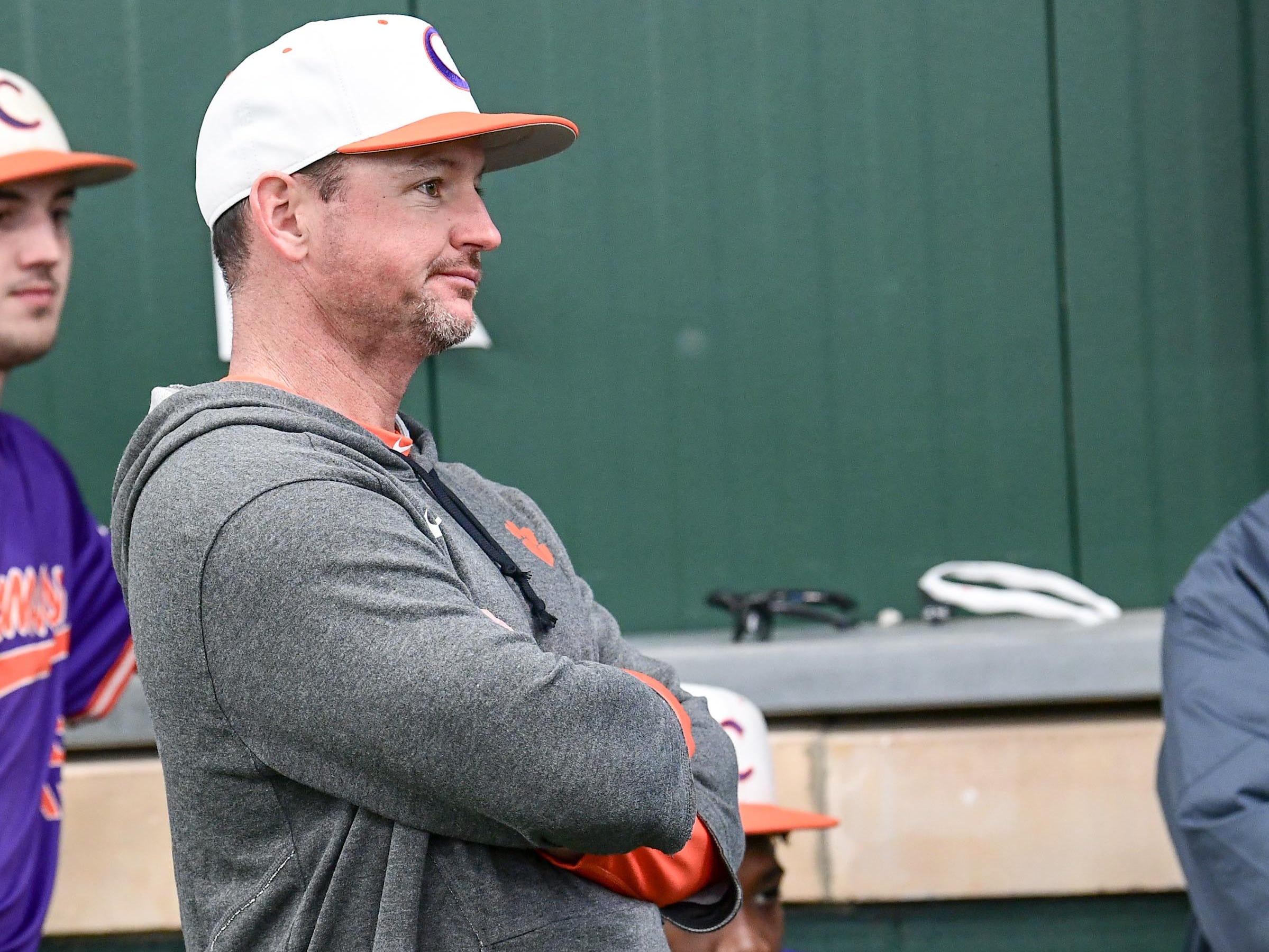 Clemson head coach Monte Lee during batting practice at the first official team Spring practice at Doug Kingsmore Stadium in Clemson Friday, January 24, 2020.