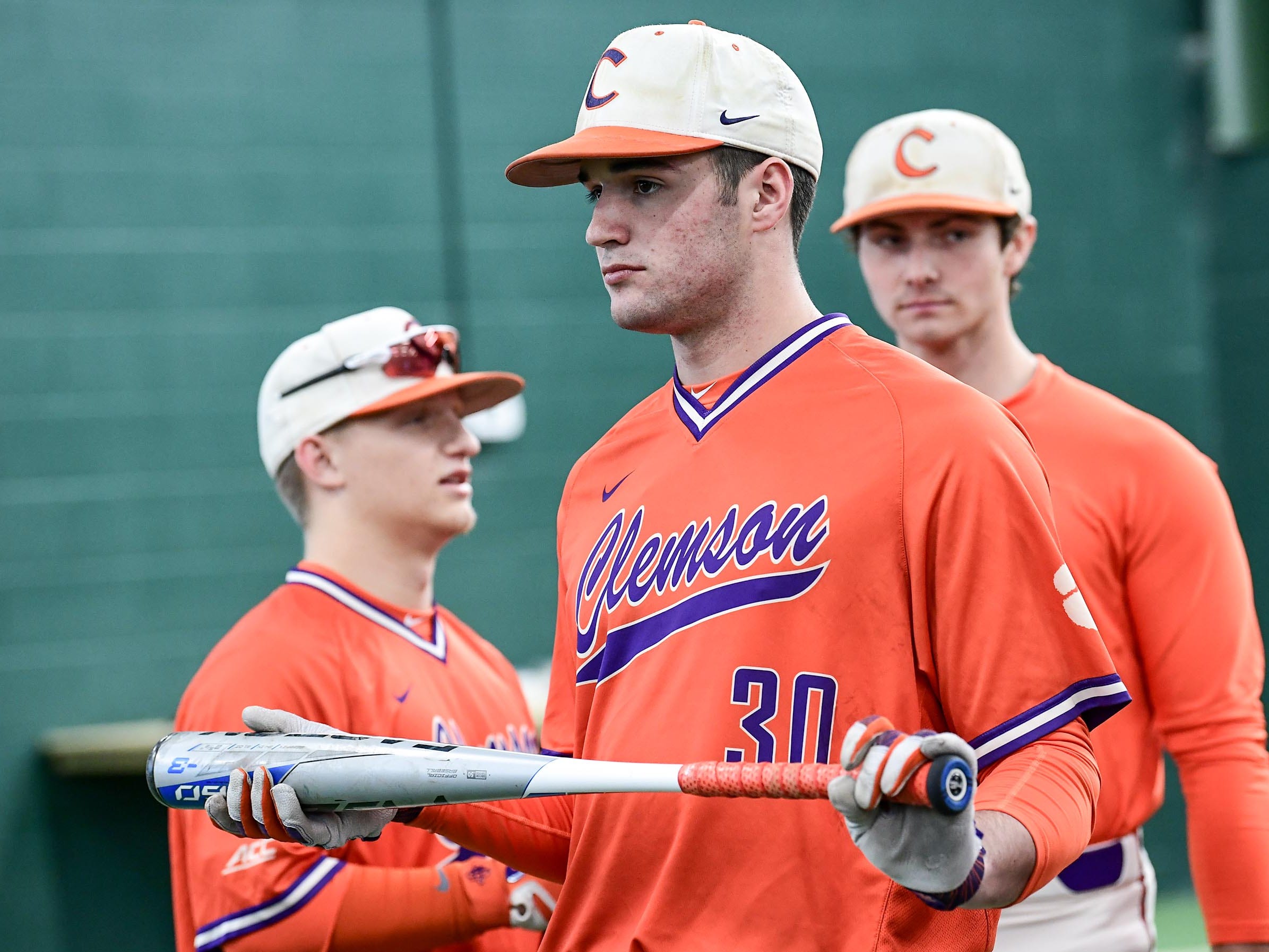 Clemson sophomore pitcher Davis Sharpe (30) during batting practice at the first official team Spring practice at Doug Kingsmore Stadium in Clemson Friday, January 24, 2020.