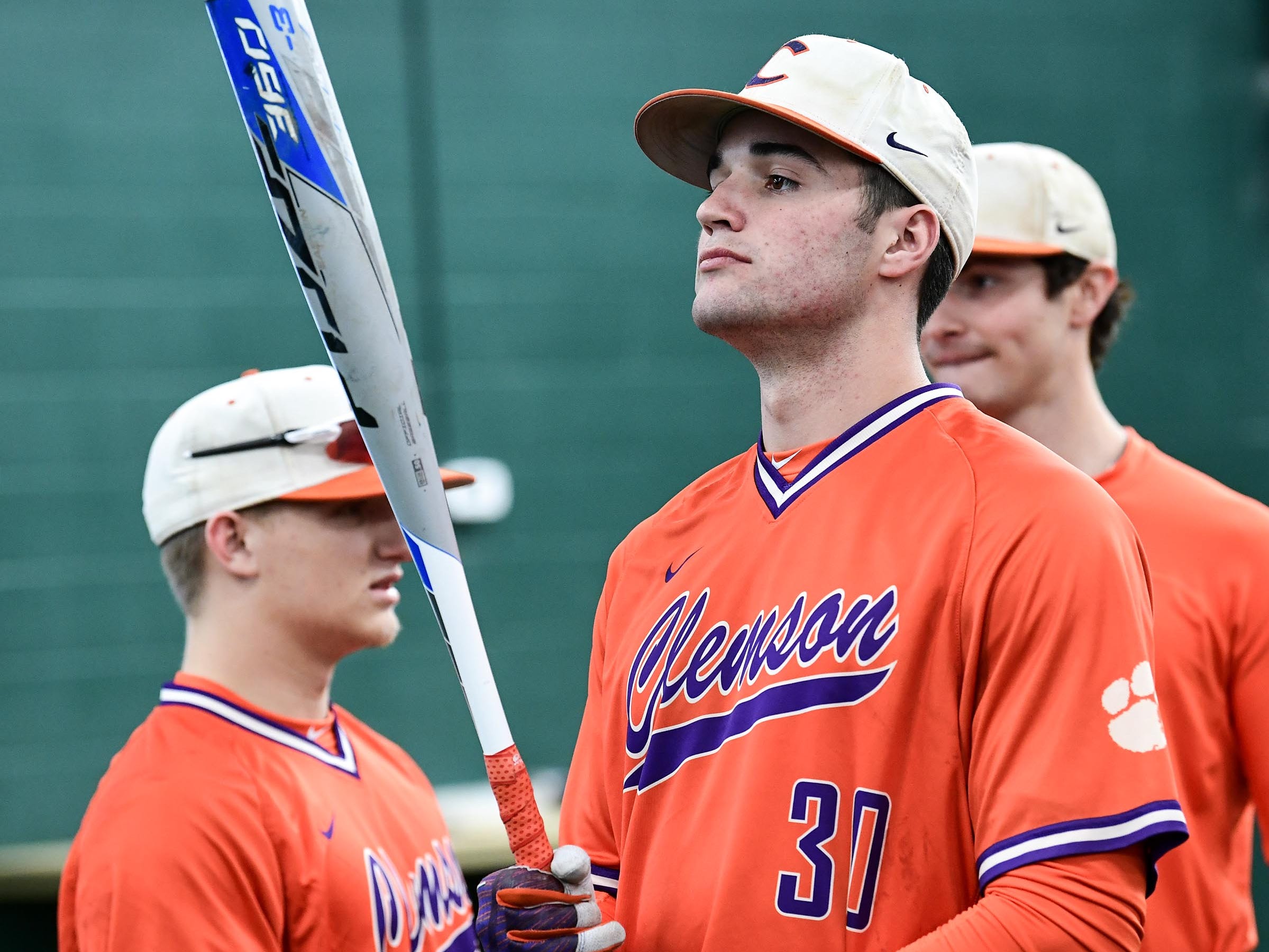 Clemson sophomore pitcher Davis Sharpe (30) during batting practice at the first official team Spring practice at Doug Kingsmore Stadium in Clemson Friday, January 24, 2020.