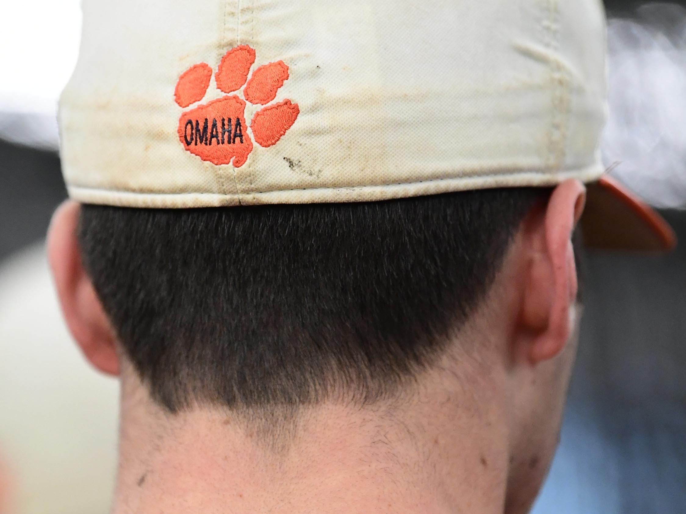 Clemson sophomore pitcher Davis Sharpe wears his hat with "Omaha" on the back, during batting practice at the first official team Spring practice at Doug Kingsmore Stadium in Clemson Friday, January 24, 2020.