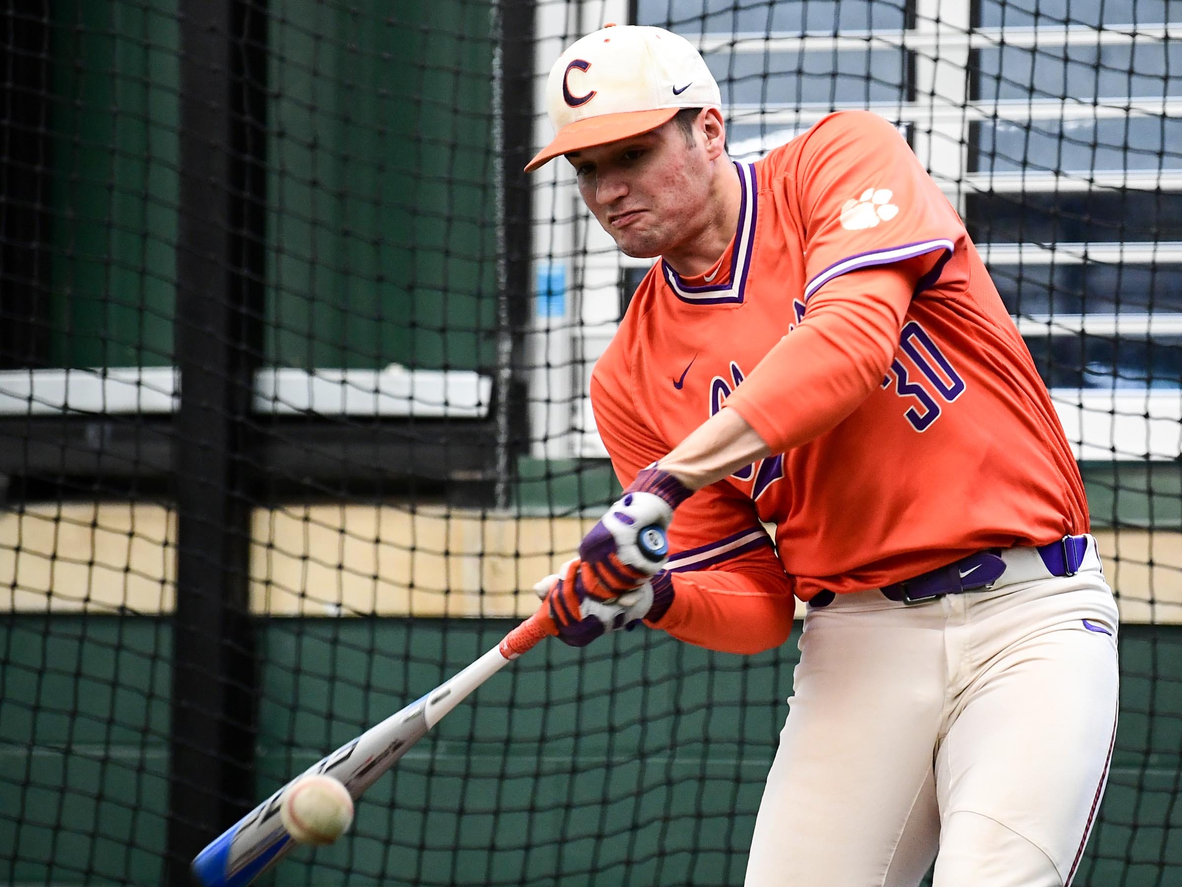 Clemson sophomore pitcher Davis Sharpe (30) during batting practice at the first official team Spring practice at Doug Kingsmore Stadium in Clemson Friday, January 24, 2020.