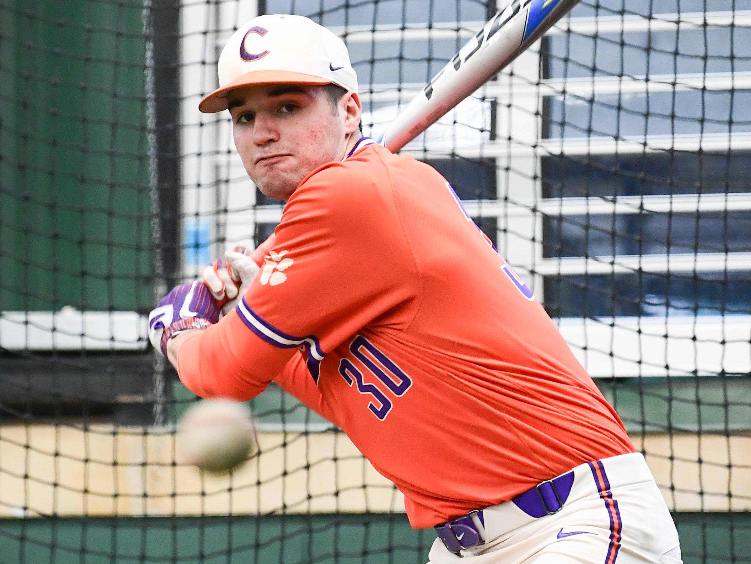 Clemson sophomore pitcher Davis Sharpe (30) during batting practice at the first official team Spring practice at Doug Kingsmore Stadium in Clemson Friday, January 24, 2020.