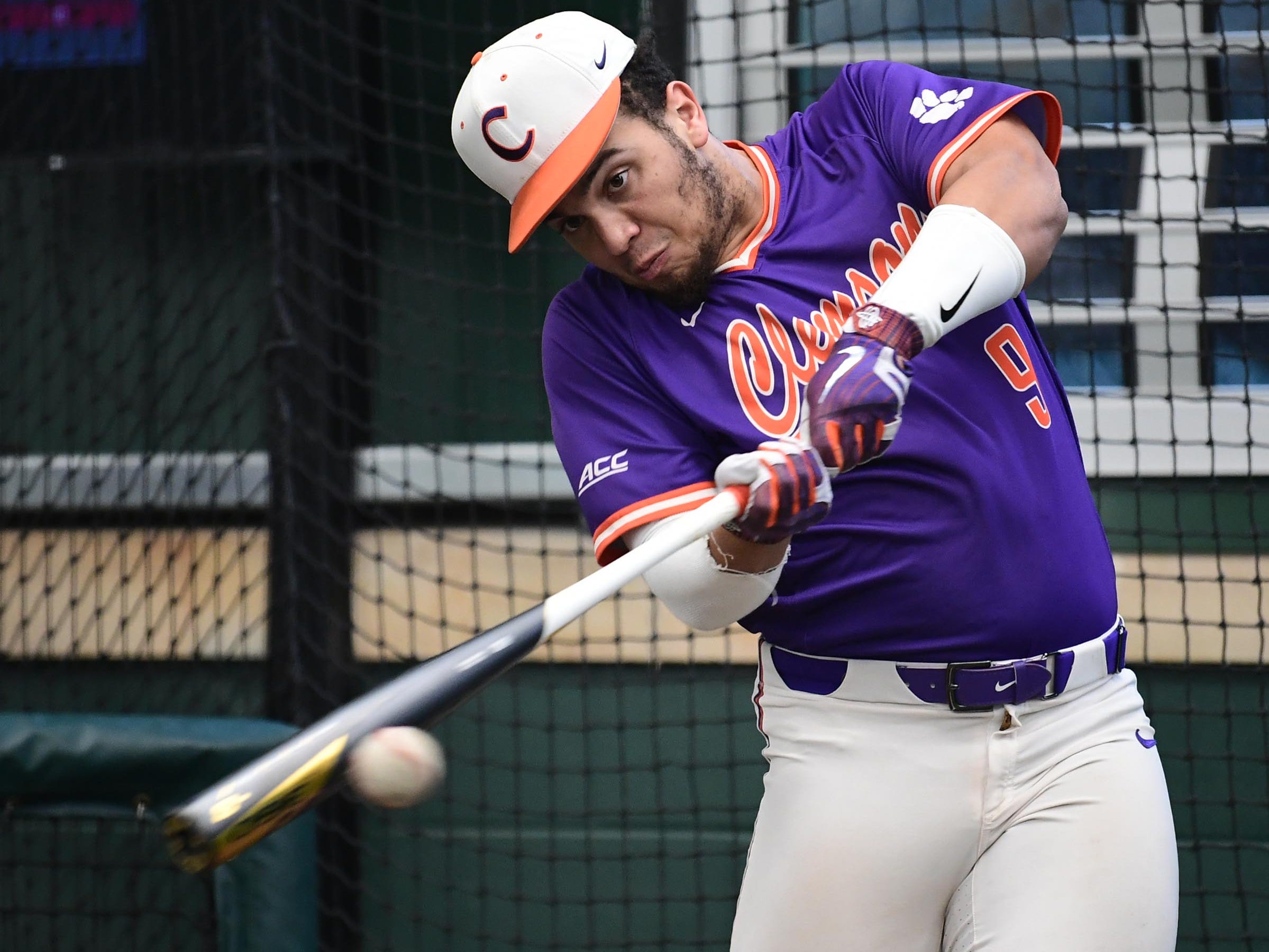 Clemson catcher Jonathan French(9) during batting practice at the first official team Spring practice at Doug Kingsmore Stadium in Clemson Friday, January 24, 2020.