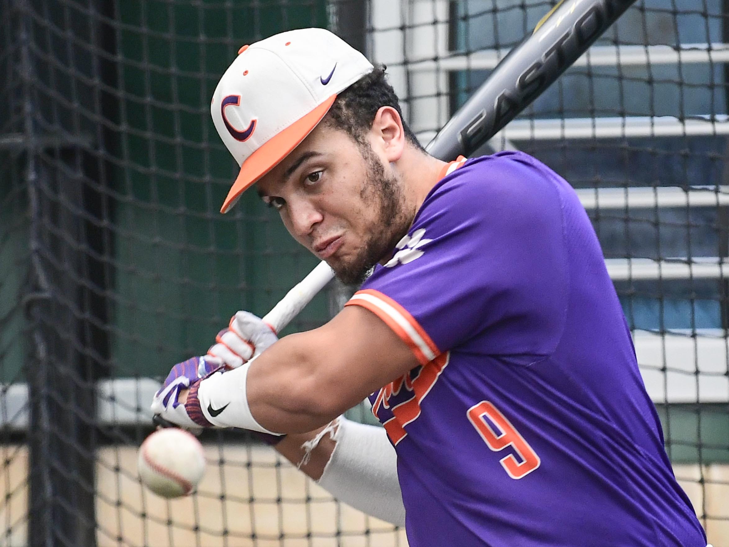 Clemson catcher Jonathan French(9) during batting practice at the first official team Spring practice at Doug Kingsmore Stadium in Clemson Friday, January 24, 2020.