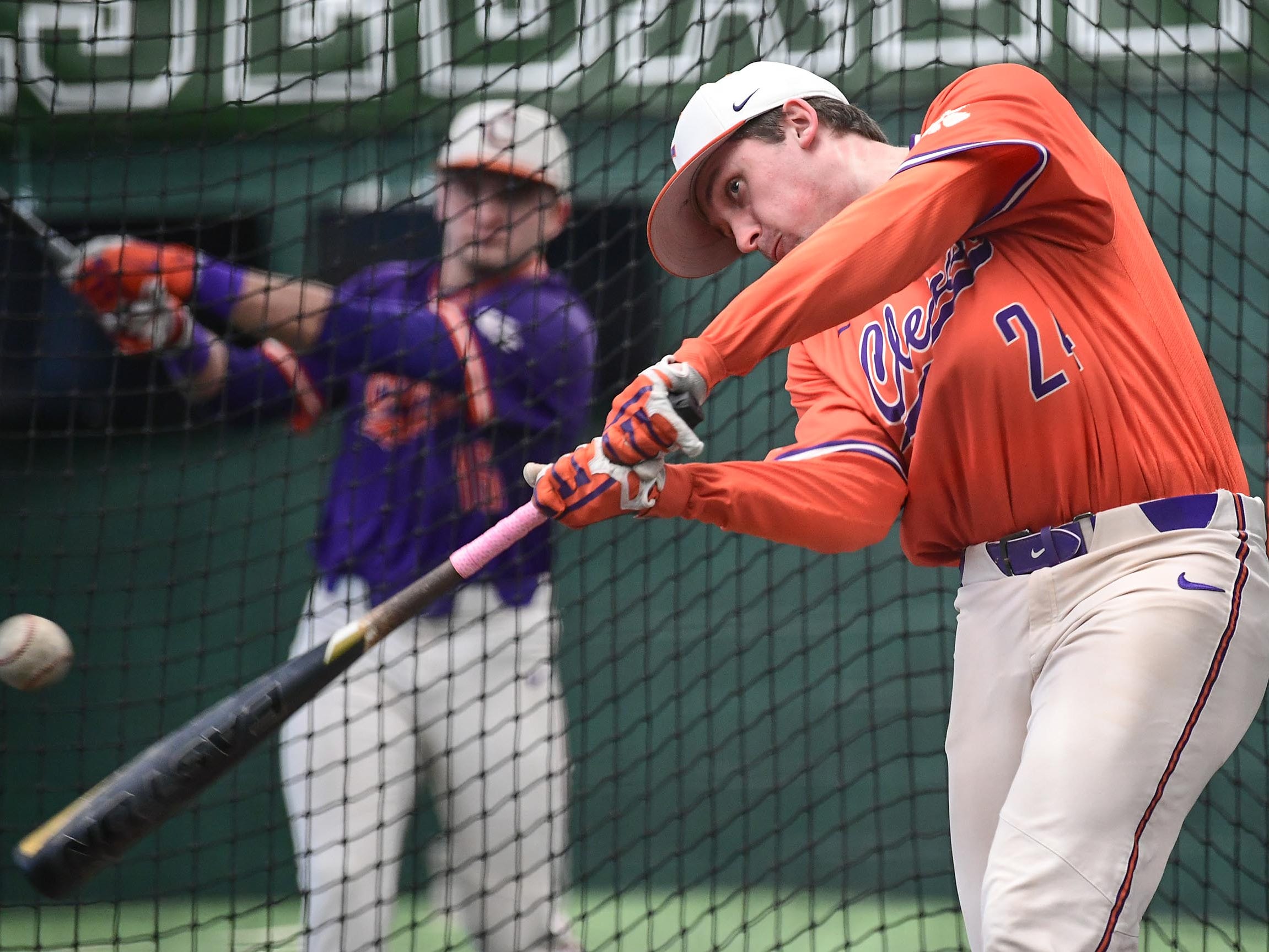 Clemson freshman infielder Mac Starbuck(24) during batting practice at the first official team Spring practice at Doug Kingsmore Stadium in Clemson Friday, January 24, 2020.