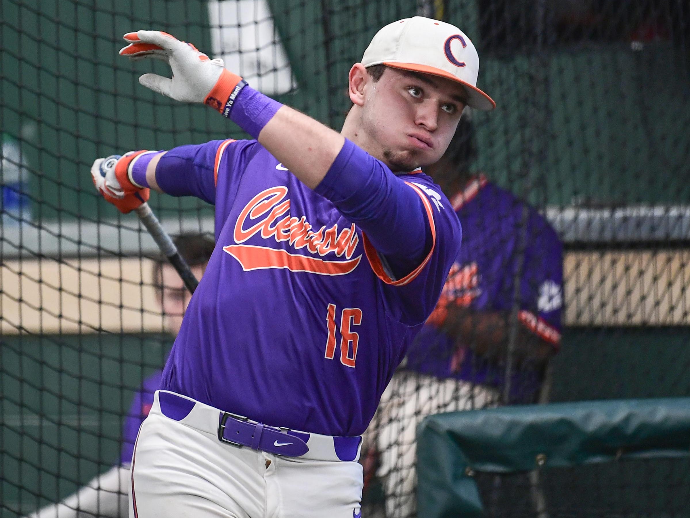 Clemson junior Bo Majkowski(16) during batting practice at the first official team Spring practice at Doug Kingsmore Stadium in Clemson Friday, January 24, 2020.