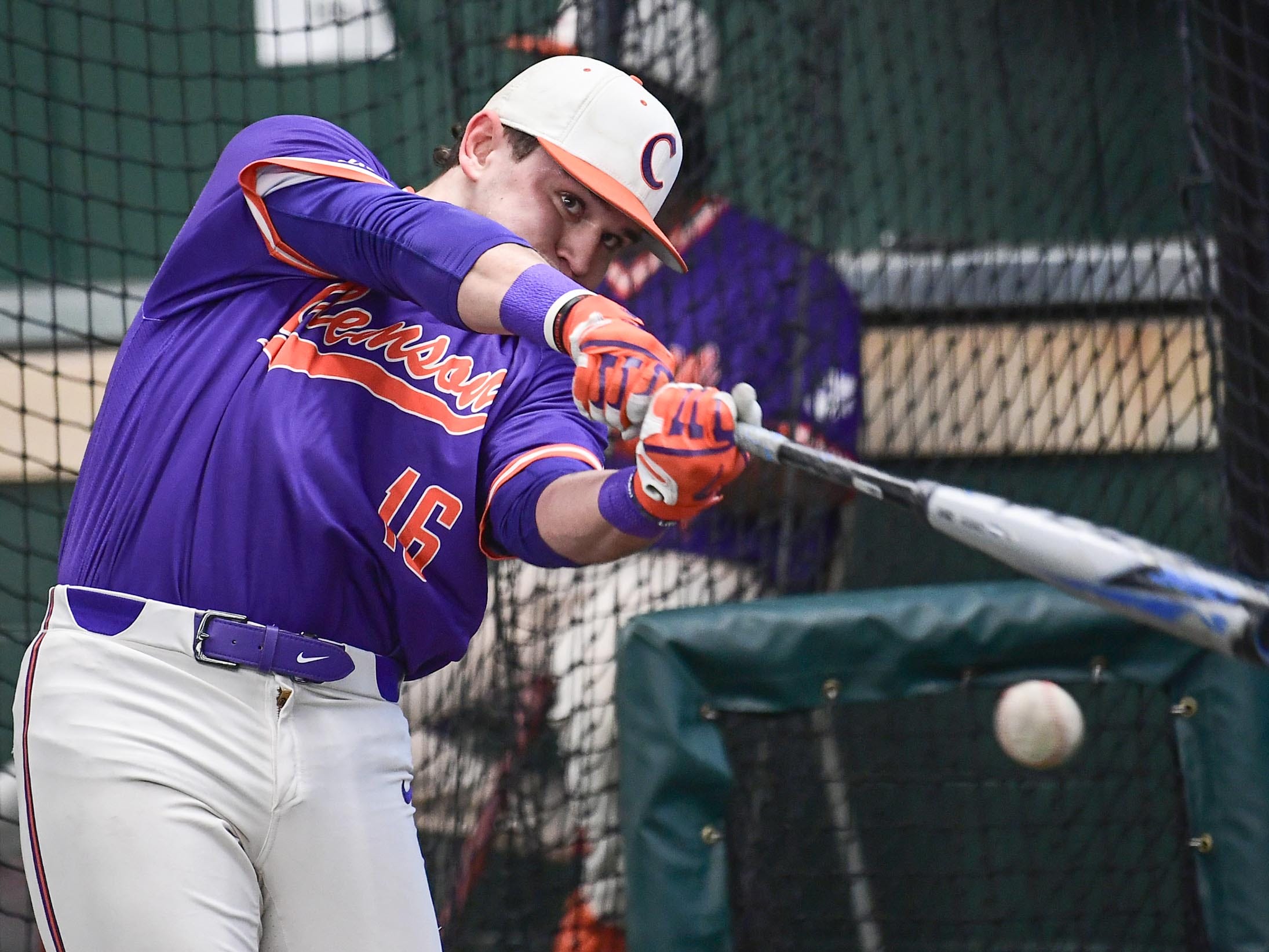 Clemson junior Bo Majkowski(16) during batting practice at the first official team Spring practice at Doug Kingsmore Stadium in Clemson Friday, January 24, 2020.