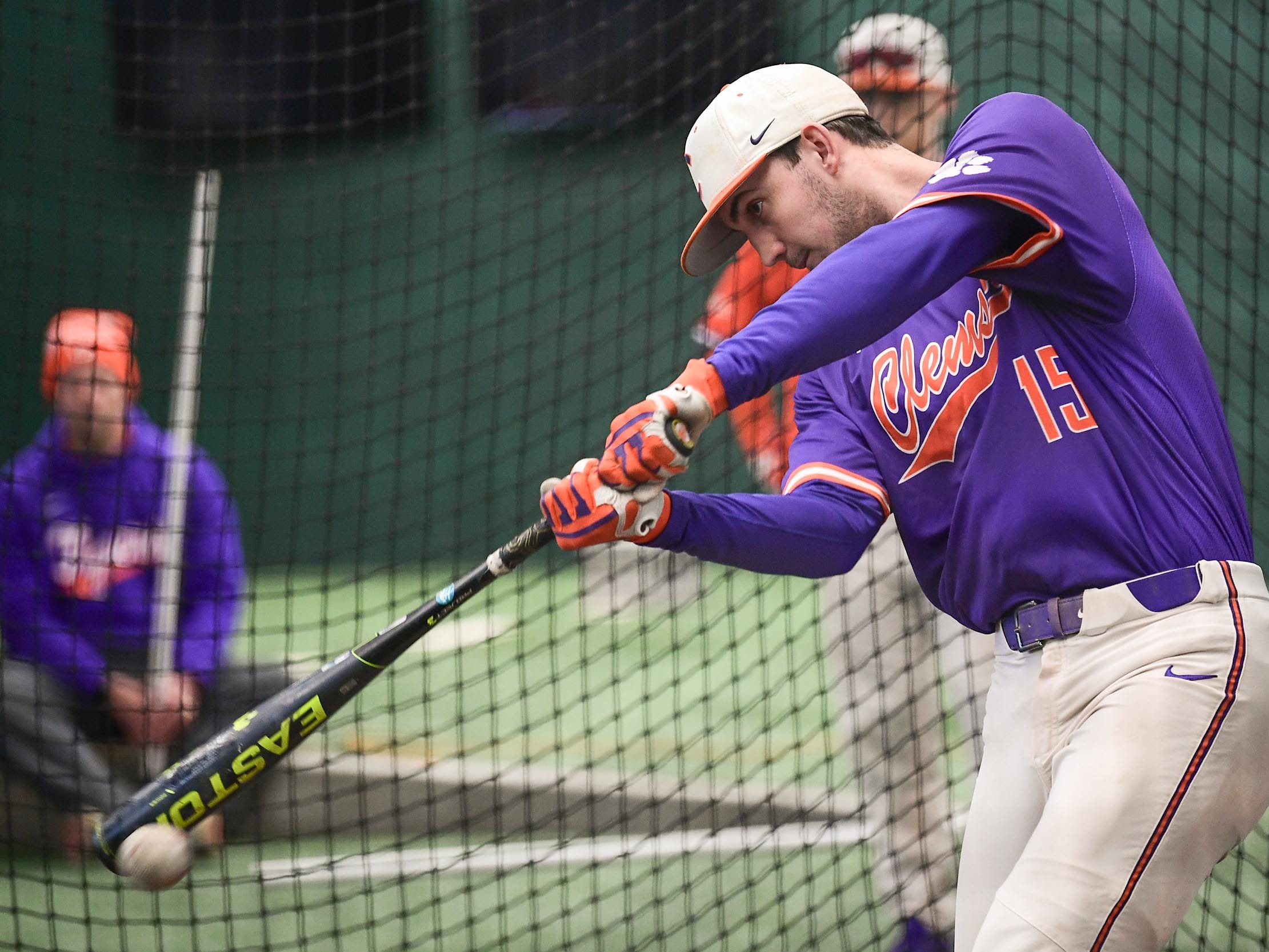 Clemson sophomore James Parker (15), former T.L. Hanna High standout, during batting practice at the first official team Spring practice at Doug Kingsmore Stadium in Clemson Friday, January 24, 2020.