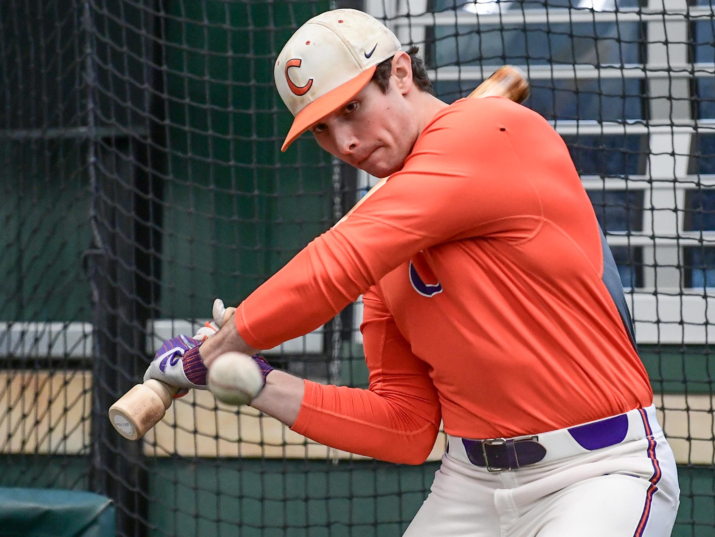 Clemson junior Bryce Teodosio (13) during batting practice at the first official team Spring practice at Doug Kingsmore Stadium in Clemson Friday, January 24, 2020.