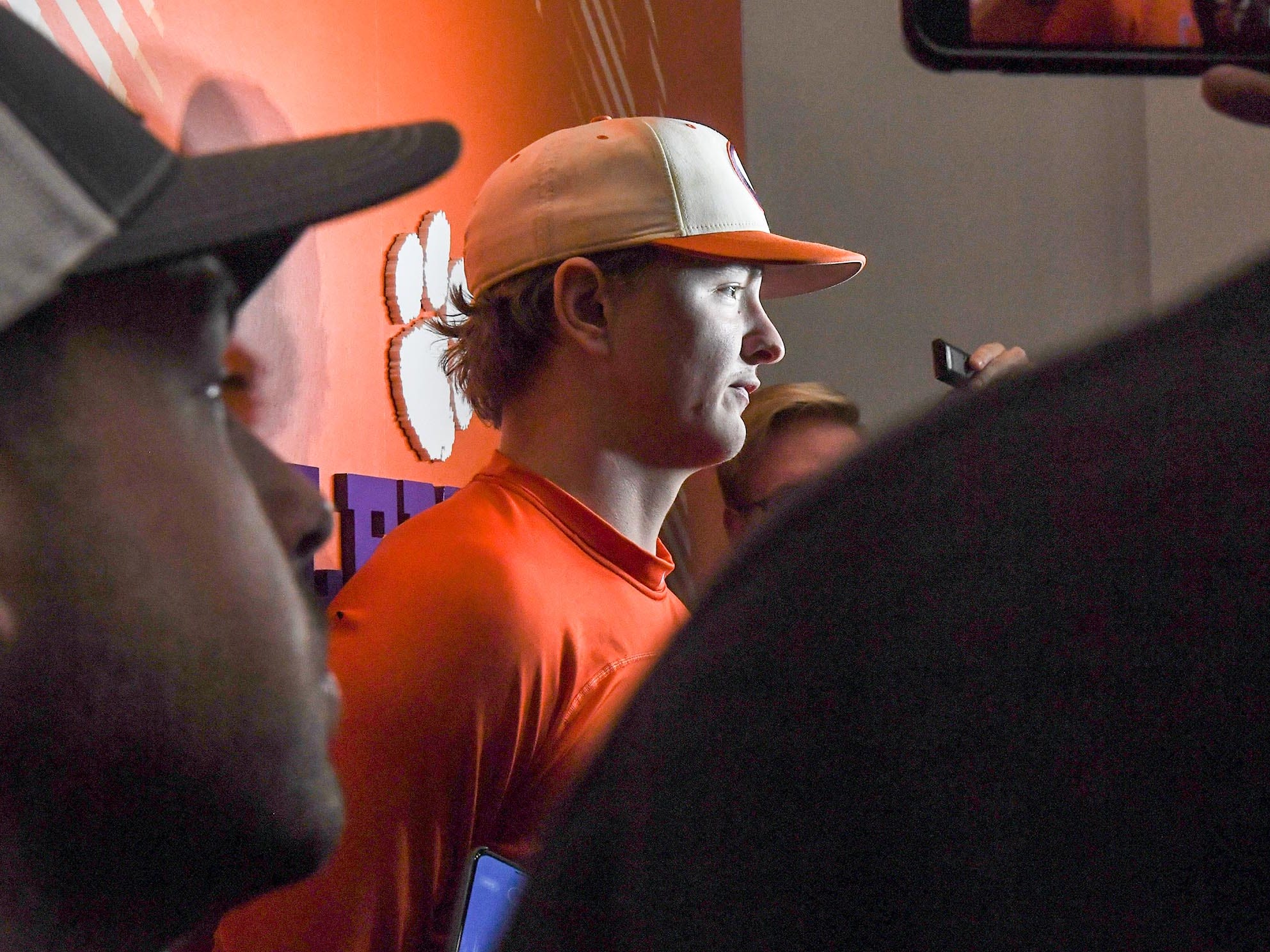 Clemson sophomore Adam Hackenberg(17) talks with media before their first official team Spring practice at Doug Kingsmore Stadium in Clemson Friday, January 24, 2020.