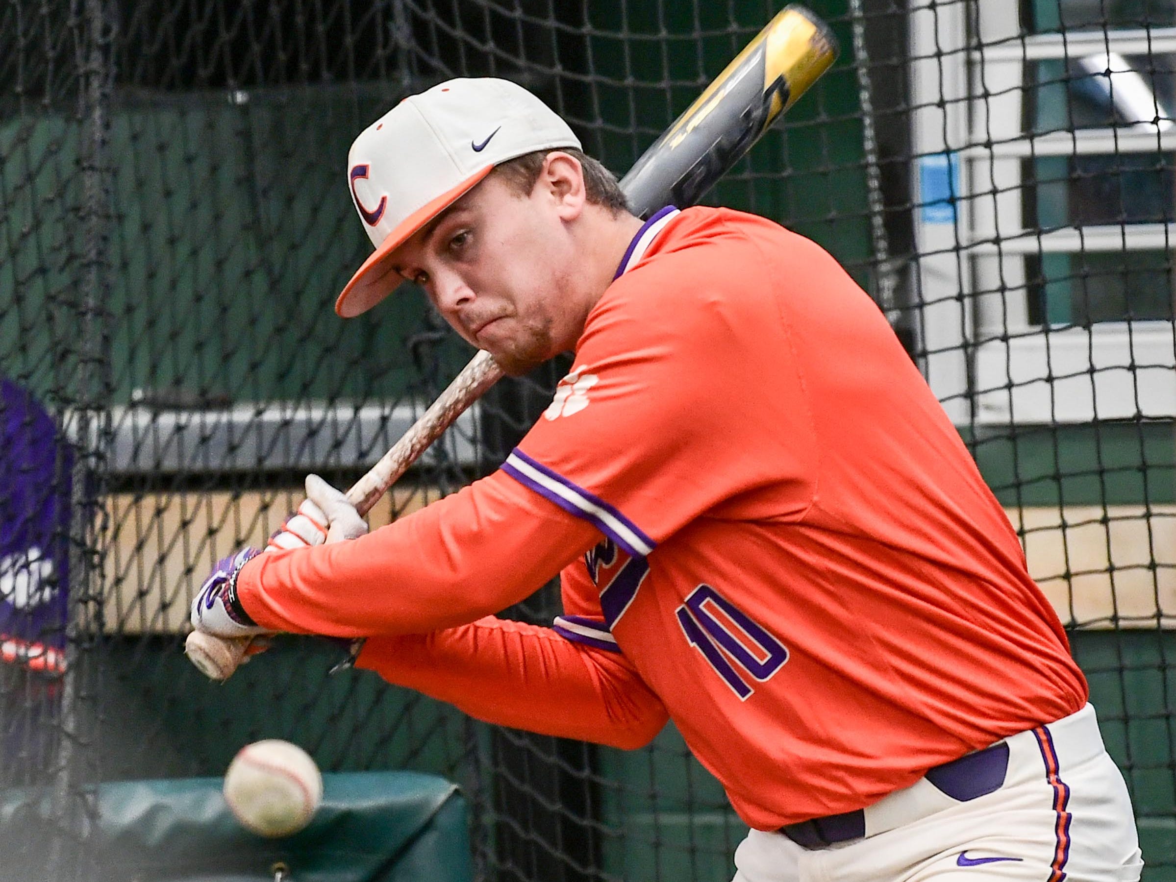 Clemson sophomore Bryar Hawkins(10) during batting practice at the first official team Spring practice at Doug Kingsmore Stadium in Clemson Friday, January 24, 2020.