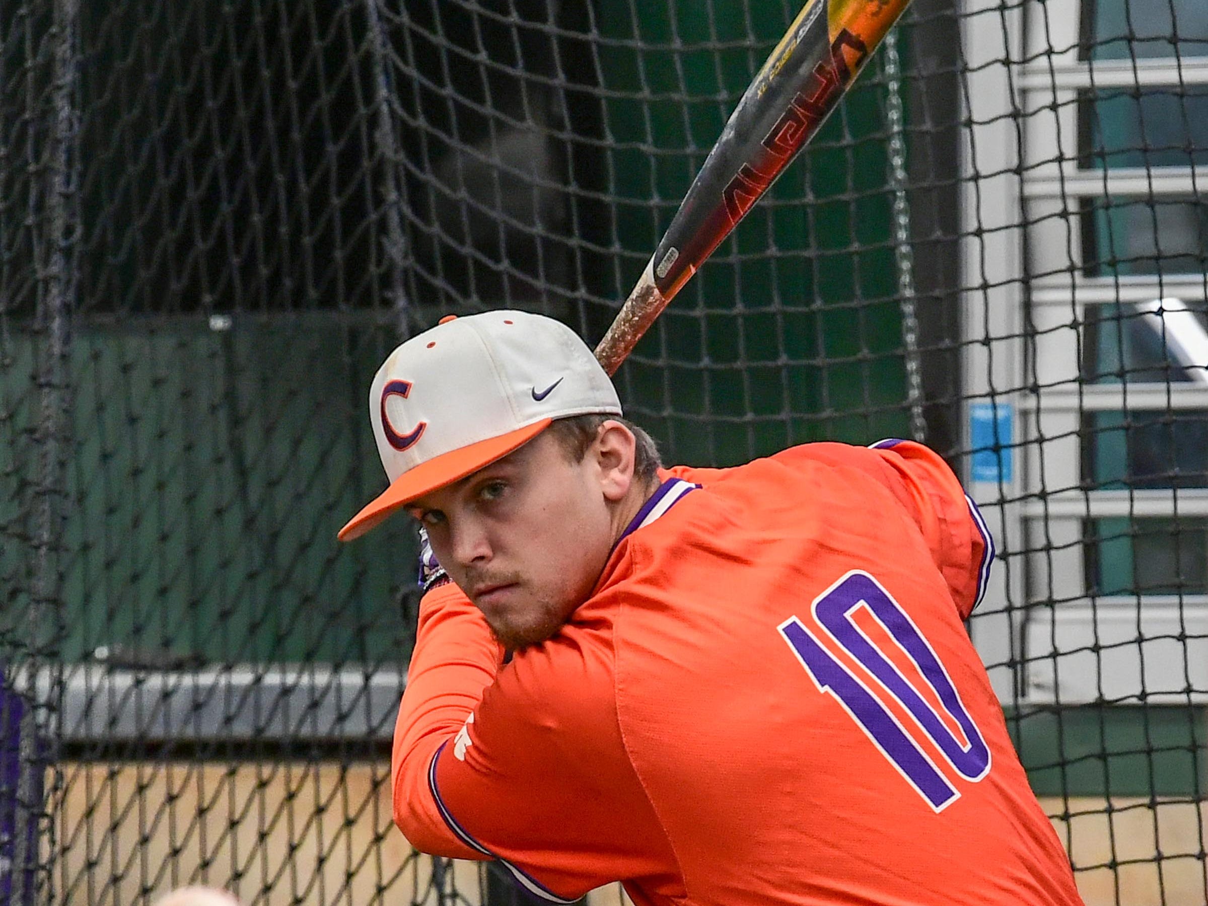 Clemson sophomore Bryar Hawkins(10) during batting practice at the first official team Spring practice at Doug Kingsmore Stadium in Clemson Friday, January 24, 2020.