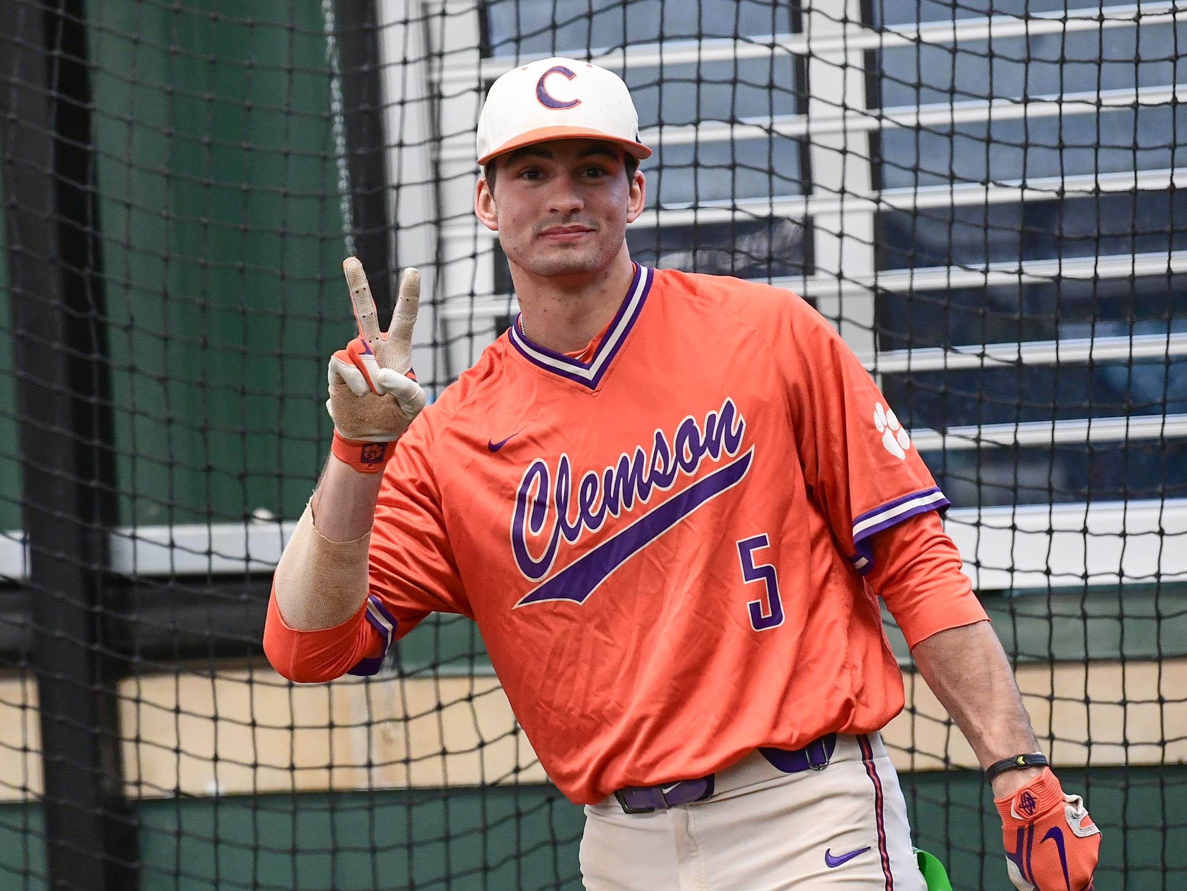 Clemson sophomore Sam Hall(5) during batting practice at the first official team Spring practice at Doug Kingsmore Stadium in Clemson Friday, January 24, 2020.