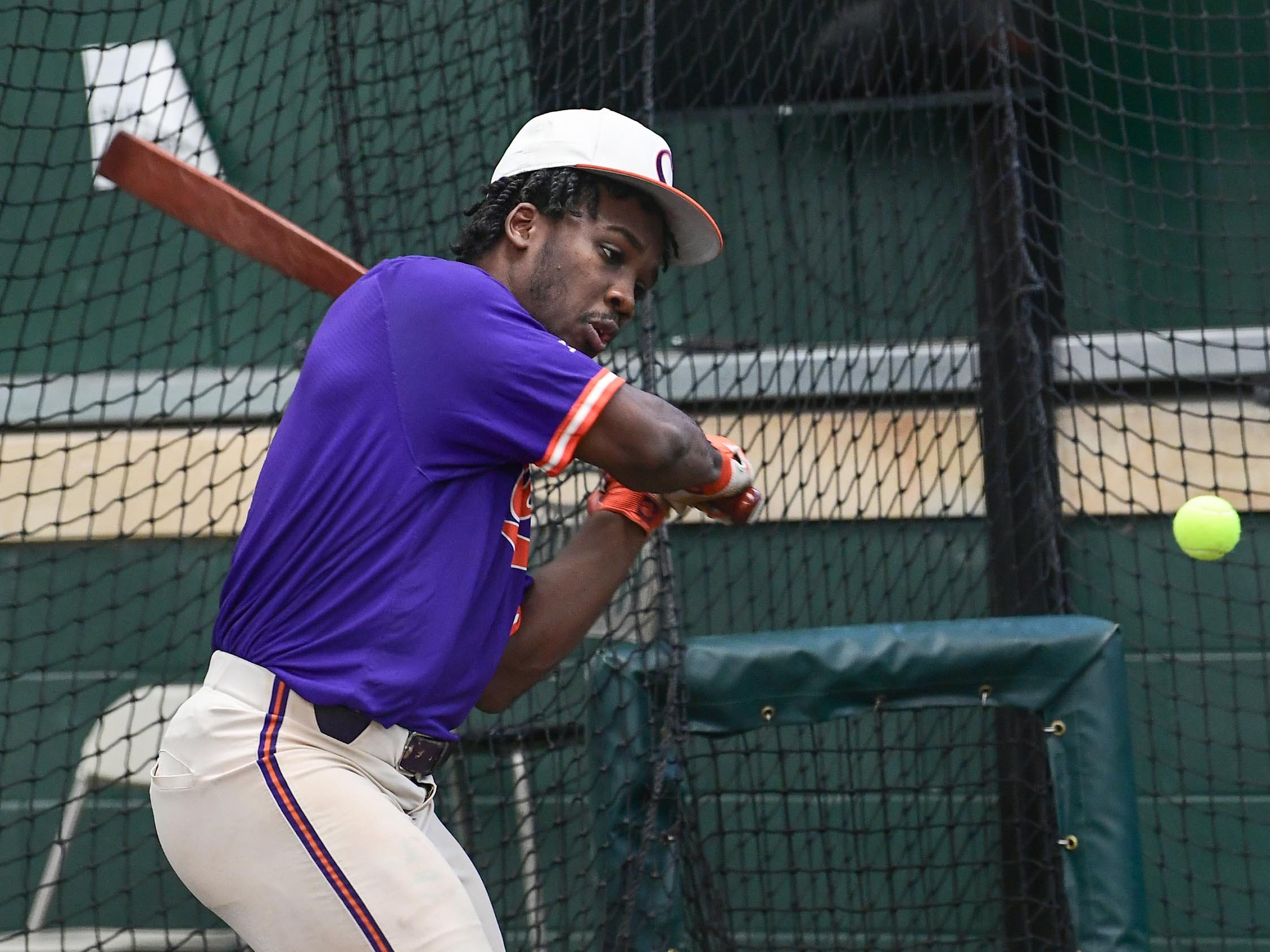 Clemson sophomore Kier Meredith(1) during batting practice at the first official team Spring practice at Doug Kingsmore Stadium in Clemson Friday, January 24, 2020.