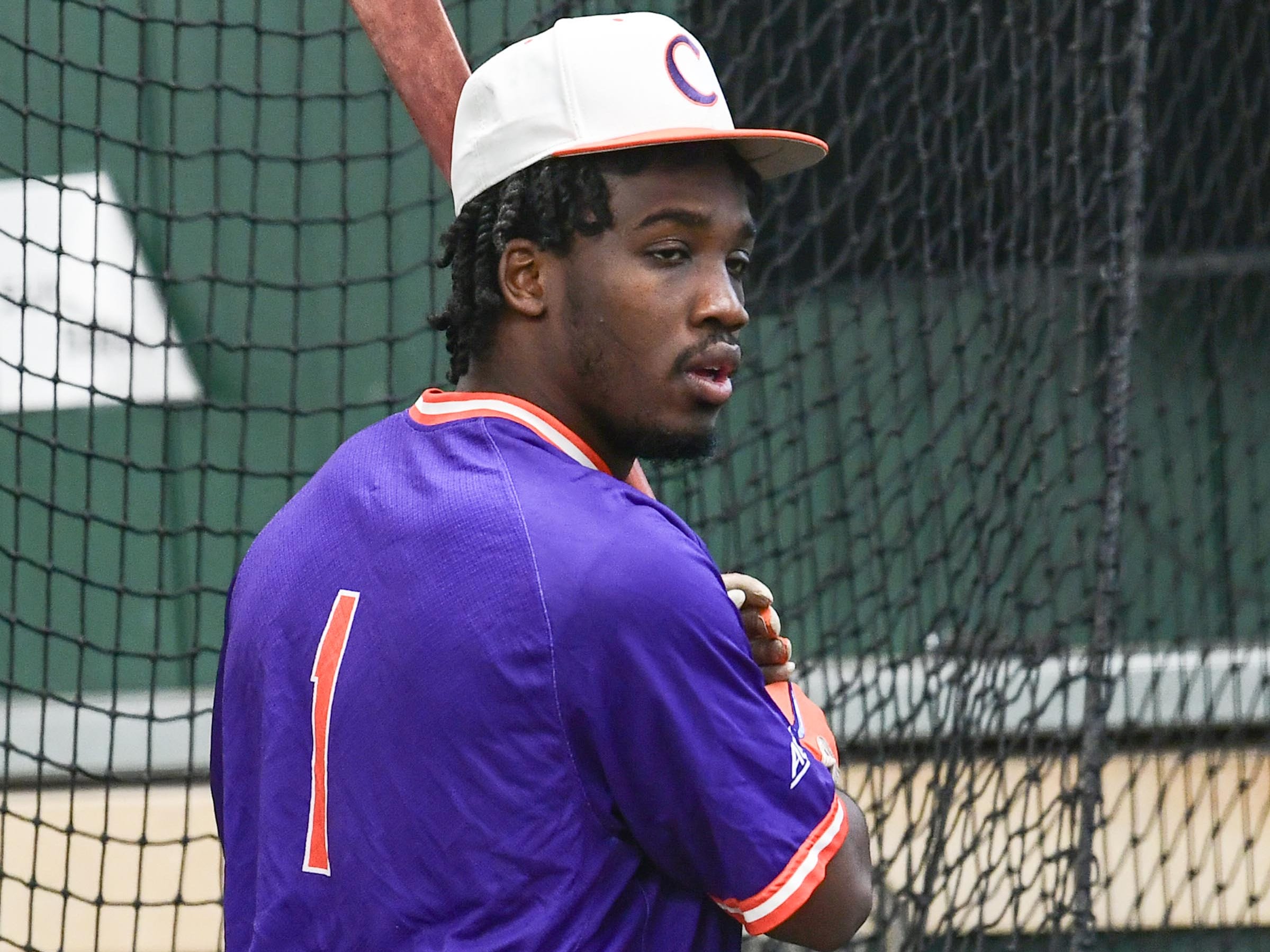 Clemson sophomore Kier Meredith(1) during batting practice at the first official team Spring practice at Doug Kingsmore Stadium in Clemson Friday, January 24, 2020.
