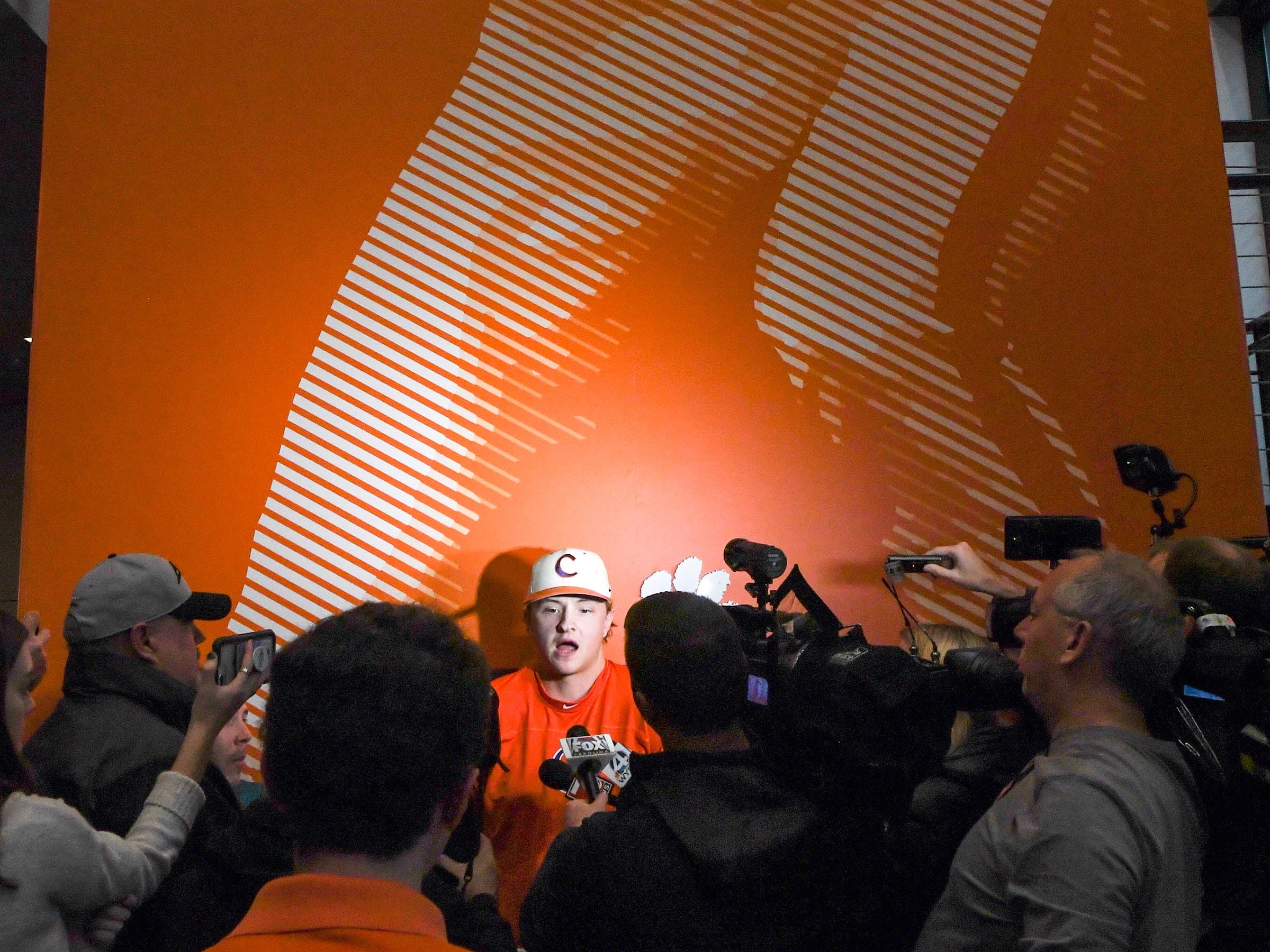 Clemson sophomore Adam Hackenberg(17) talks with media before their first official team Spring practice at Doug Kingsmore Stadium in Clemson Friday, January 24, 2020.