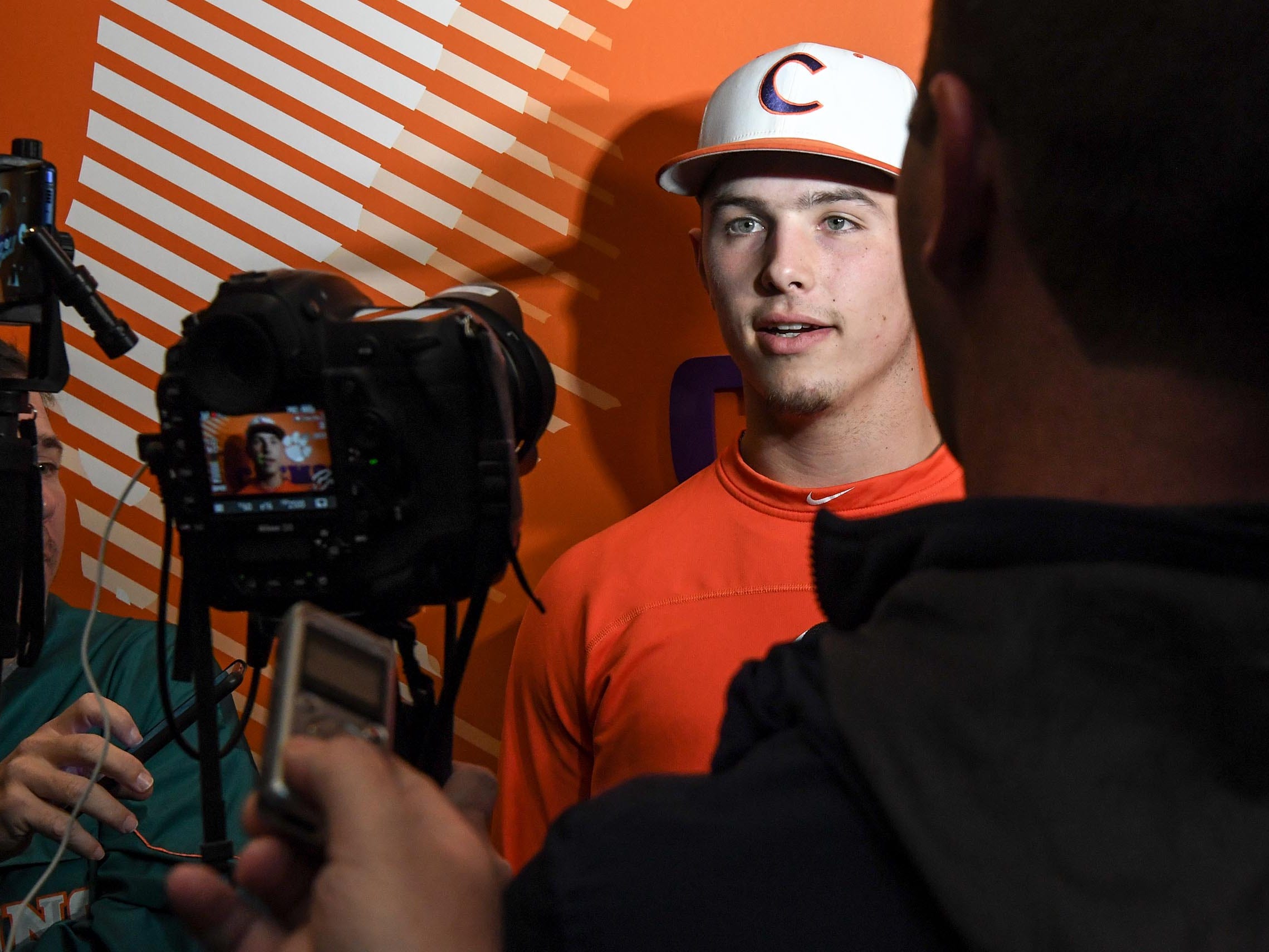 Clemson sophomore Sam Hall(5) talks with media before their first official team Spring practice at Doug Kingsmore Stadium in Clemson Friday, January 24, 2020.