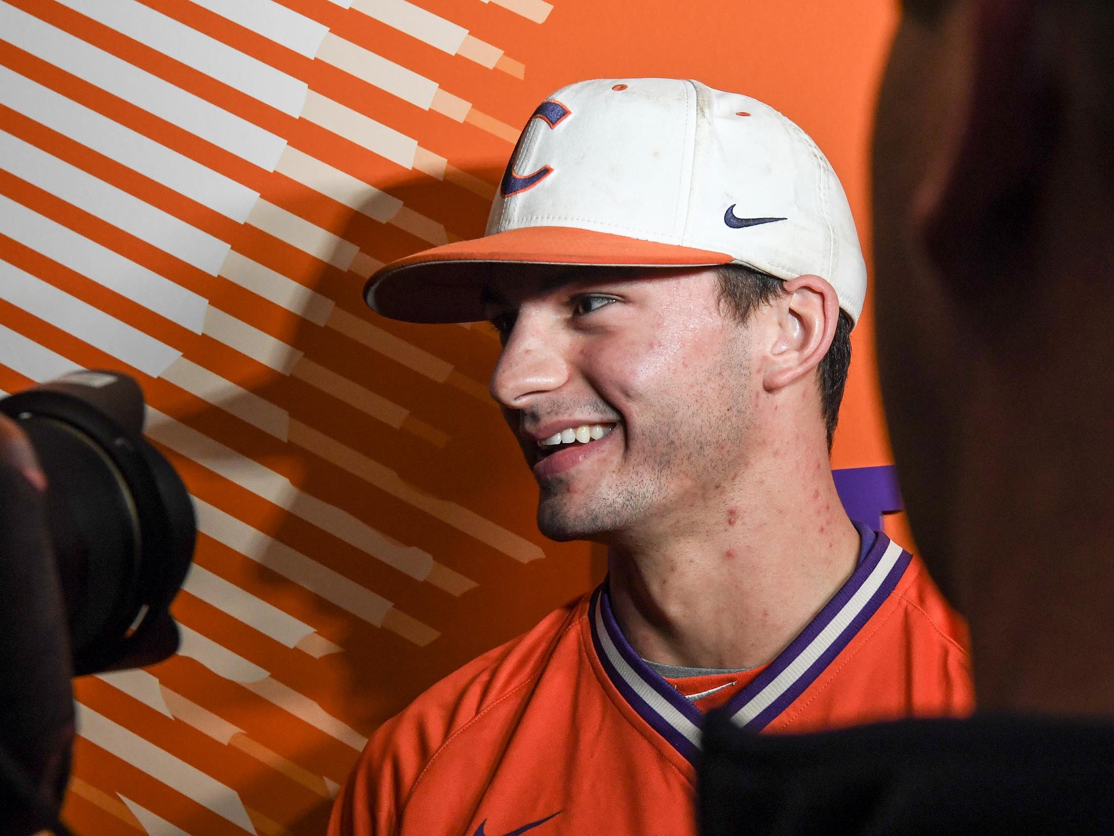 Clemson sophomore Sam Hall(5) talks with media before their first official team Spring practice at Doug Kingsmore Stadium in Clemson Friday, January 24, 2020.