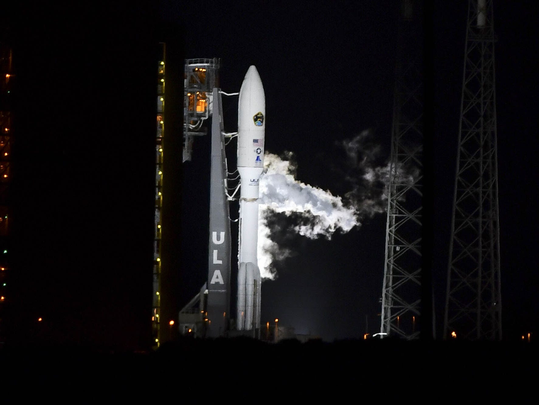 A United Launch Alliance Atlas V rocket is fueled before liftoff from Cape Canaveral Air Force Station early Thursday morning, Aug. 8, 2019. The rocket is carrying the AEHF 5 communications satellite for the U.S. military.