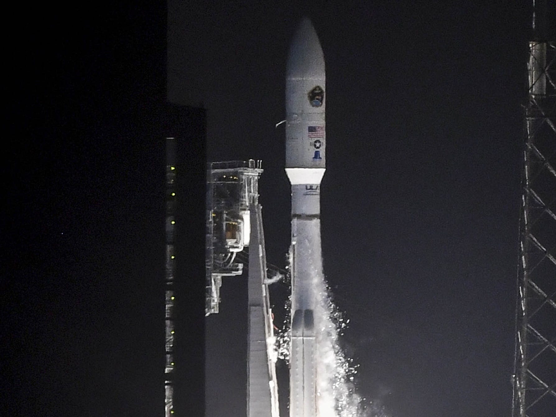 A United Launch Alliance Atlas V rocket lifts off from Cape Canaveral Air Force Station early Thursday morning, Aug. 8, 2019. The rocket is carrying the AEHF 5 communications satellite for the U.S. military.