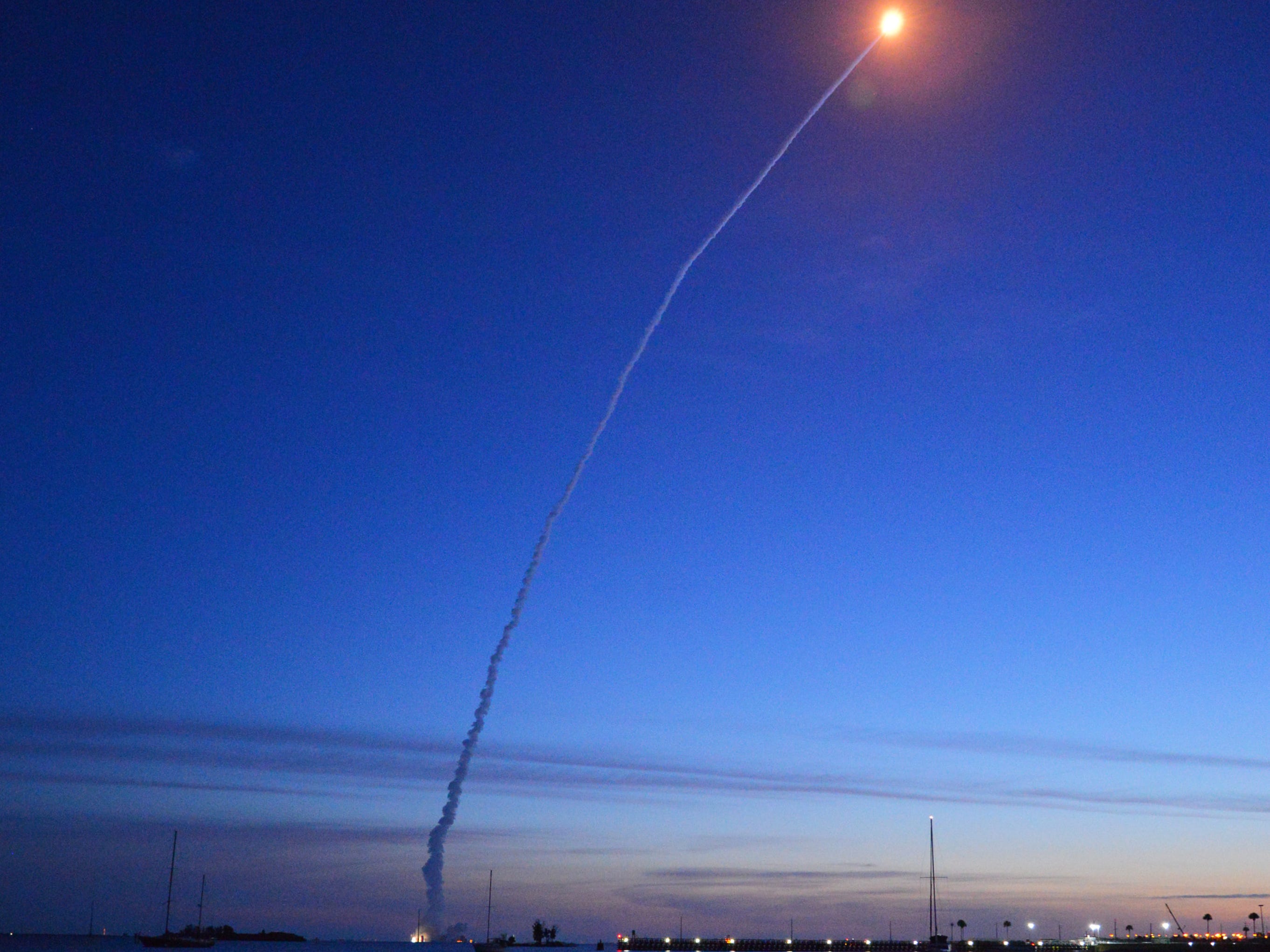 A United Launch Alliance Atlas V rocket lifts off from Cape Canaveral Air Force Station early Thursday morning, Aug. 8, 2019. The rocket is carrying the AEHF 5 communications satellite for the U.S. military.