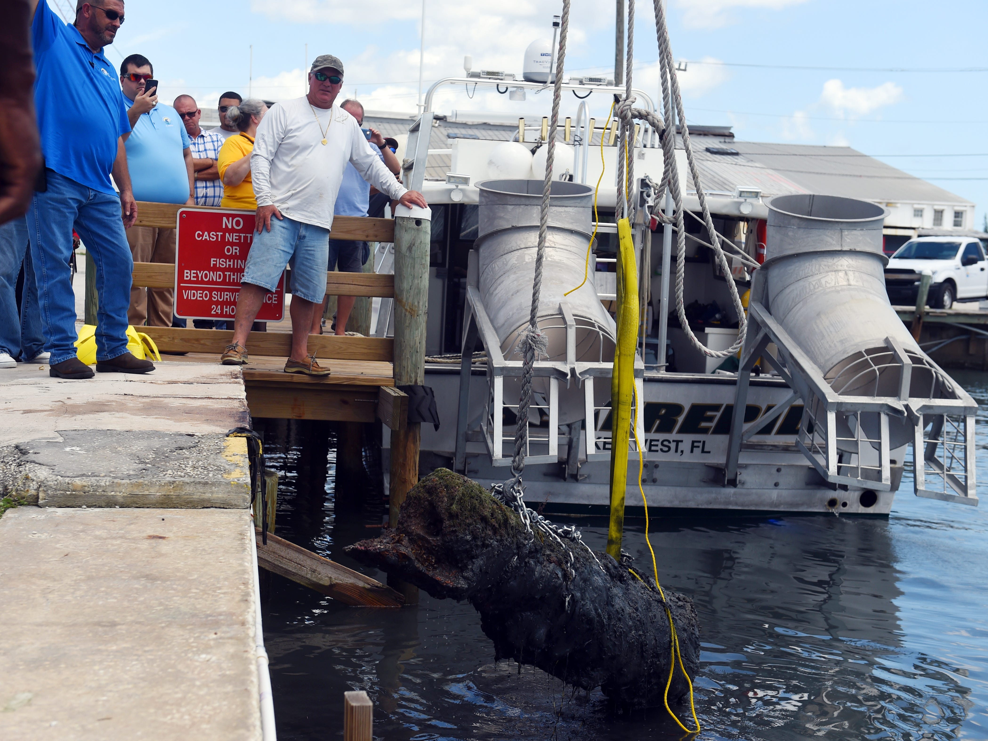 A 303-year-old cannon from the 1715 Spanish Plate Fleet was recovered off Sandy Point on Monday, Aug. 13, 2018 and removed from the water at Fisherman's Wharf in Fort Pierce. The cannon will be cleaned, treated and restored, a process that takes about three years, and placed on display at Melody Lane Fishing Pier in Fort Pierce.