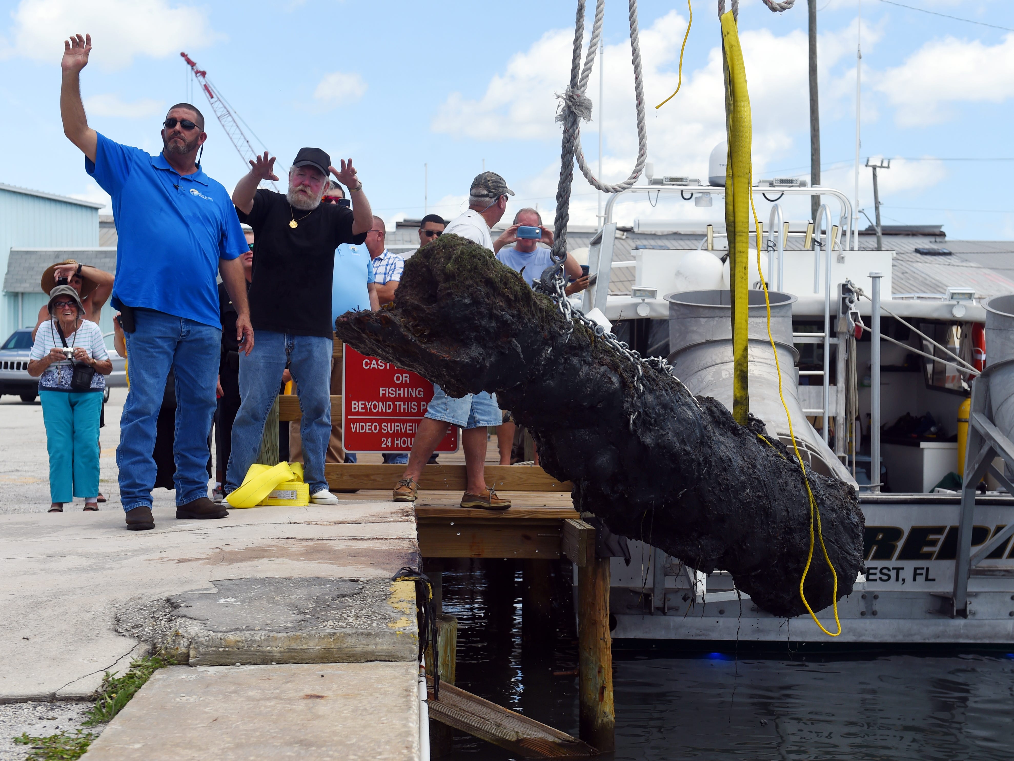 A 303-year-old cannon from the 1715 Spanish Plate Fleet was recovered off Sandy Point on Monday, Aug. 13, 2018 and removed from the water at Fisherman's Wharf in Fort Pierce. The cannon will be cleaned, treated and restored, a process that takes about three years, and placed on display at Melody Lane Fishing Pier in Fort Pierce.