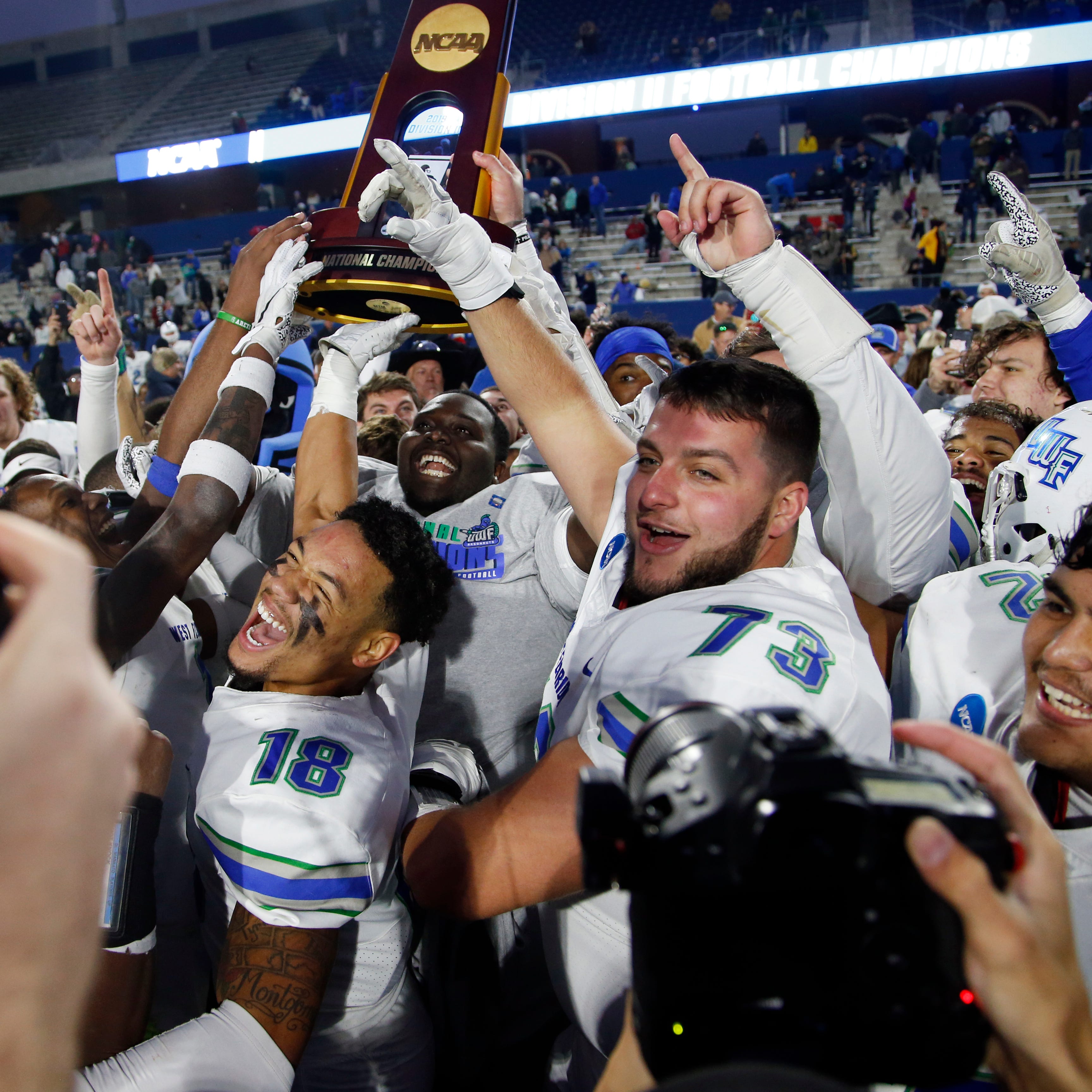 Dec 21, 2019; McKinney, TX, USA; West Florida Argonauts players celebrate winning the game against the Minnesota State Mankato Mavericks at McKinney ISD Stadium. Mandatory Credit: Tim Heitman-USA TODAY Sports