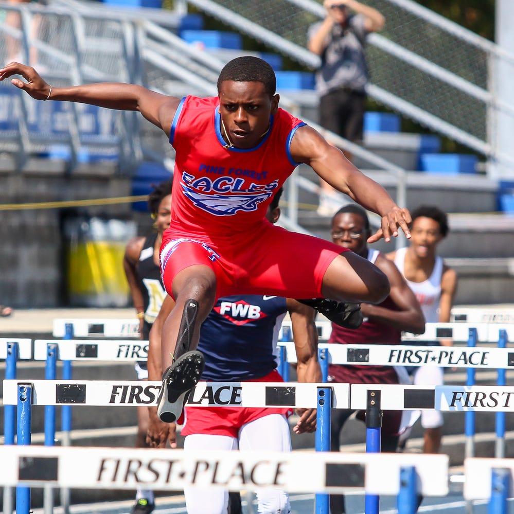 Pine Forest's Christian Bargaineer competes in the 110m hurdles on Saturday, March 9, 2019, during the Aggie Invitational at Washington High School.