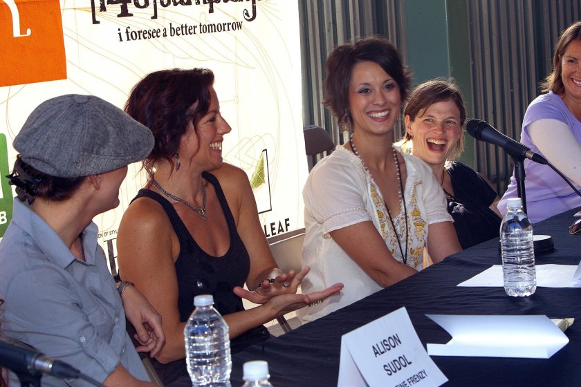 Sarah McLachlan (second from left) is shown in San Diego at a press conference prior to the 2010 Lilith Fair festival show here. San Diego singer-songwriter Ashley Matte is seated in the center, immediately to McLachlan’s right.