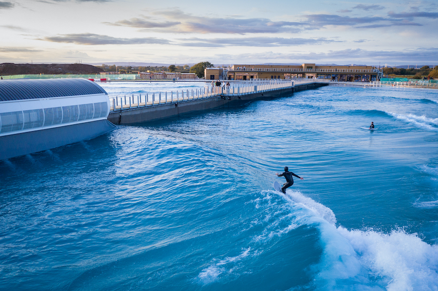 aerial view of surfers at The Wave Bristol, a new inland surfing destination