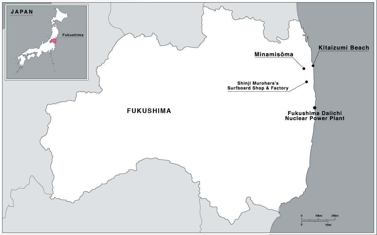 A map of Fukushima prefecture showing the locations of Minamisoma City, Kitaizumi Beach, Shinji Murohara’s surfboard factory and the Fukushima Daiichi nuclear power plant, all near the coast.