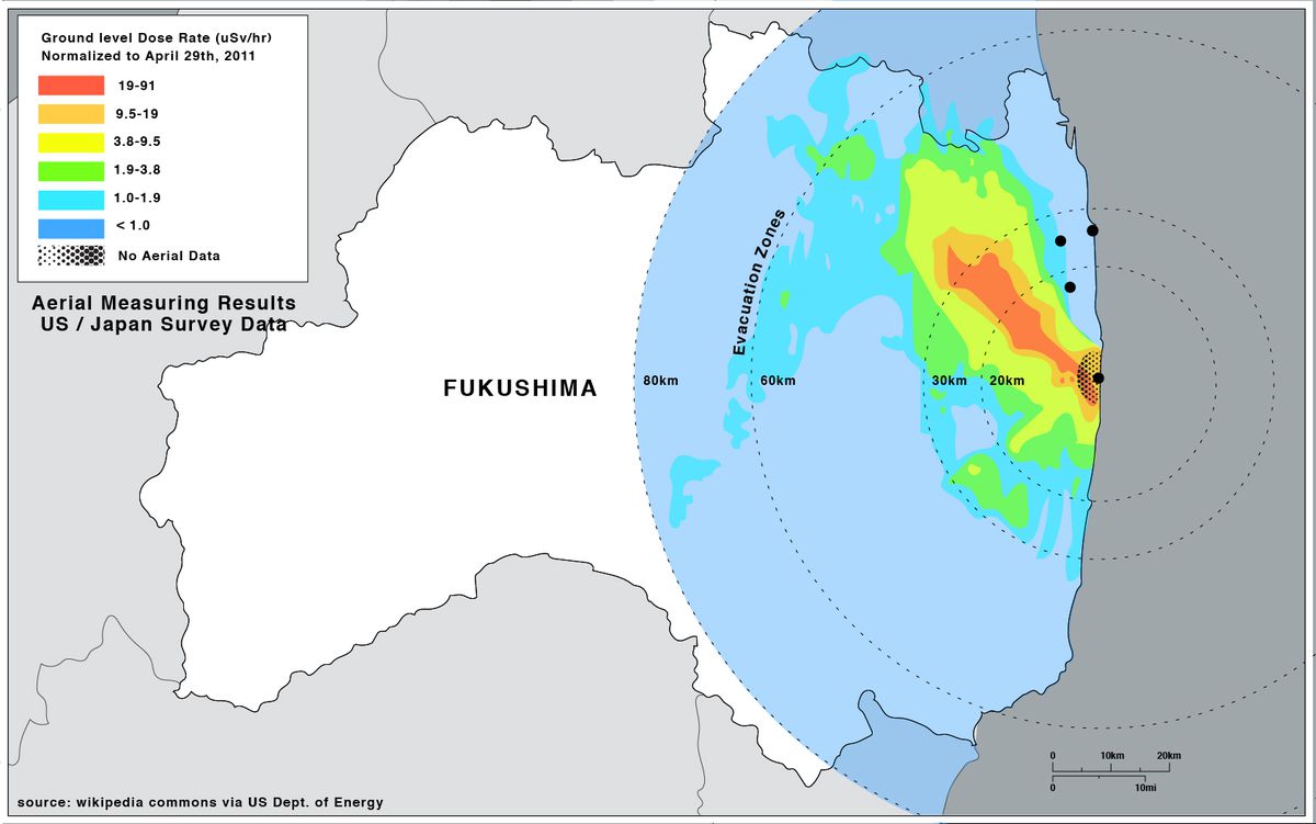 A map showing the ground contamination in Fukushima resulting from the March 11, 2011 disaster, and how it compares to the evacuation zones implemented by the government.