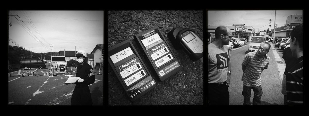 Set of three black and white photos taken in Fukushima following the 2011 tsunami and nuclear disaster. On the left: A police officer at a blockade wearing a surgical mask. In the middle: Safecast Geiger counters displaying readings. On the right: Safecast members talking to a man in the middle of a road.