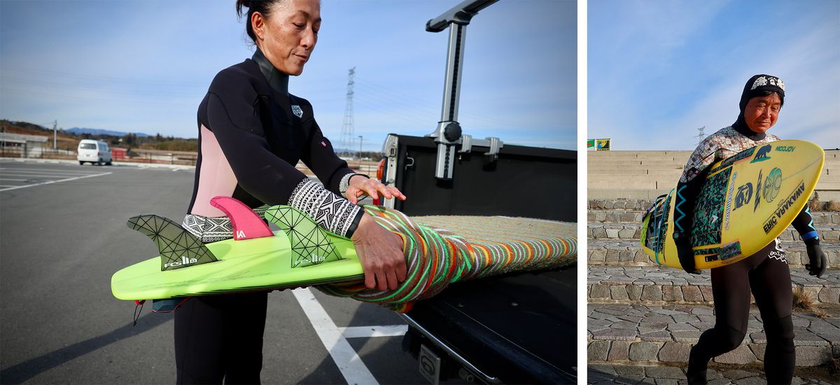 Two photos. On the left, a woman surfer is in a wetsuit in a parking lot, removing her surfboard from a sleeve at the back of her truck. On the right, a man in a wetsuit is carrying his surfboard down a set of stone steps.