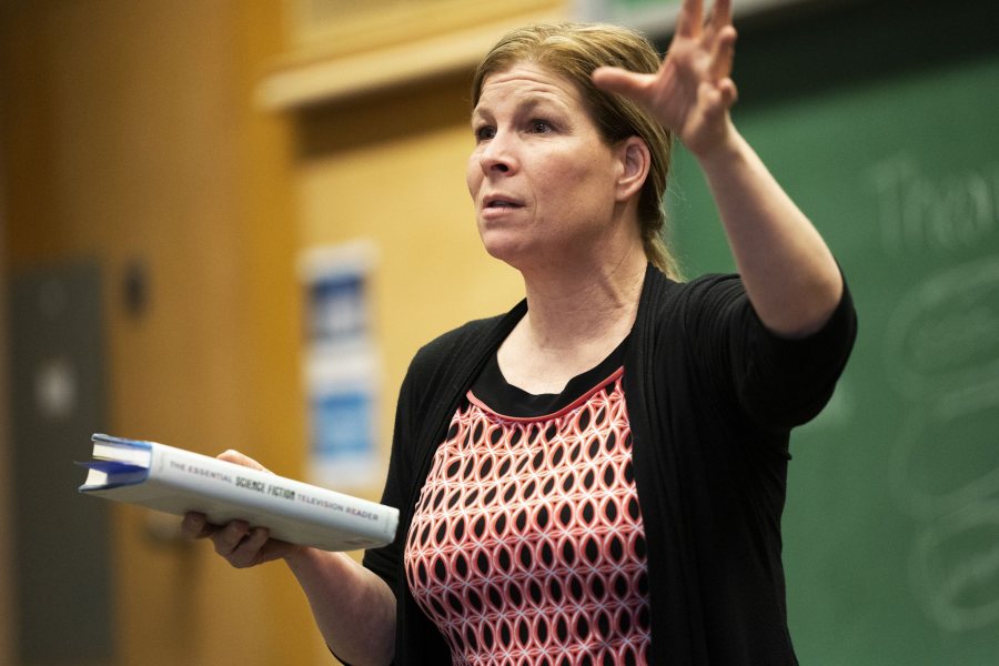 Stephanie Kelley-Romano leads a "Television Criticism" class on March 6, 2019. (Theophil Syslo/Bates College)