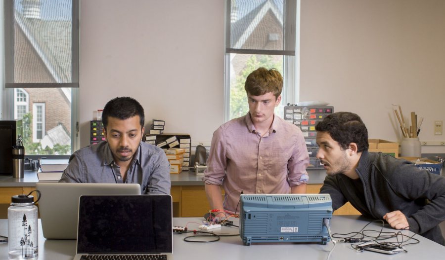 Ian Wax ’19, researching “Modeling the Indian Monsoon” and Salim Ourari ’18, researching “Designing and Building an Aerial Instrument to Measure Sea Ice Thickness,” both working with Visiting Assistant Professor Raj Saha, a 2003 Bates alumnus.