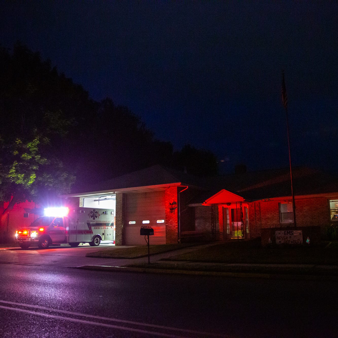 An ambulance backs into Hanover Area Fire and Rescue's Clearview Fire Station on George Street in Hanover on Monday, May 18, 2020.