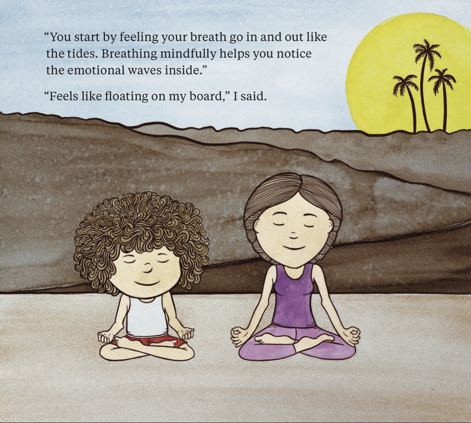 A page from the book, showing Mop practicing mindful breathing. 