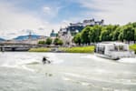 Wakeboarder Dominik Hernler performs on the Salzach River in Salzburg, Austria during filming of his video Sound of Wake.