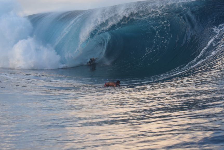A bodyboarder surfing a huge wave, which is curling over him.