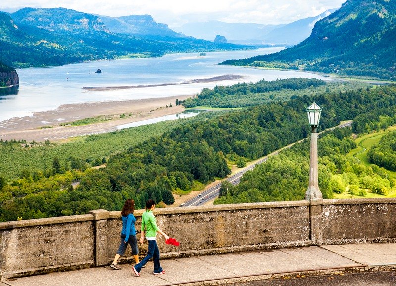 Tourists at the Crown Point Vista House in Oregon.